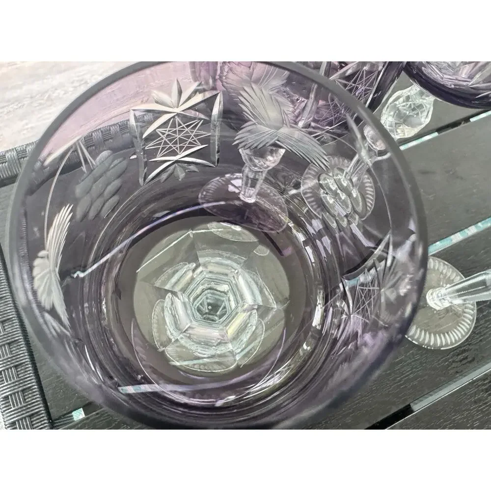 Vintage Bohemian Amethyst Cut to Clear Crystal Wine Glass 8-1/2”~set Of 4